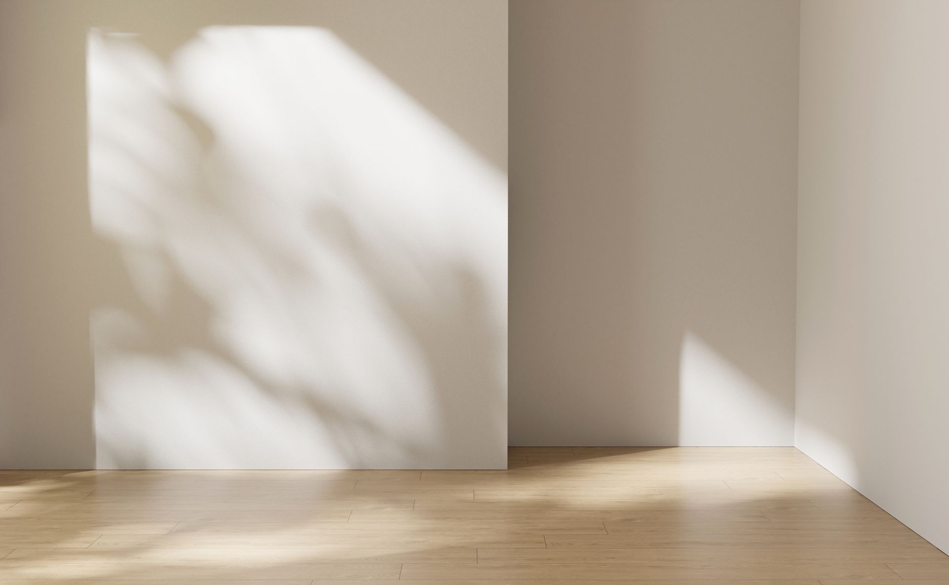 Empty room with wooden floor, white walls, and shadows from foliage.