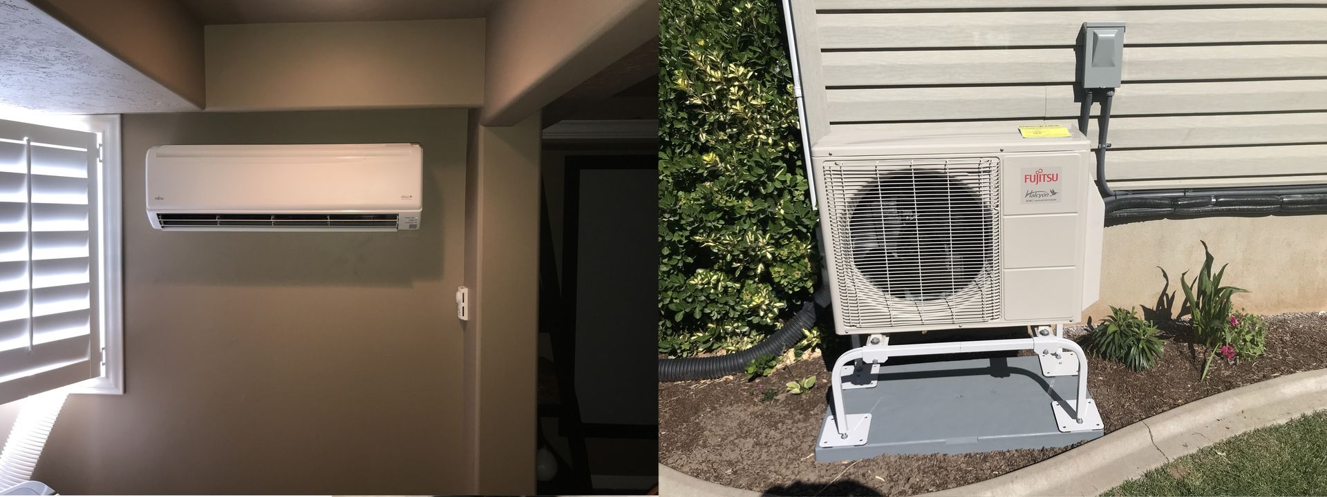 Indoor and outdoor air conditioning units.  The indoor unit is on a wall, and the outdoor unit is mounted to the house.