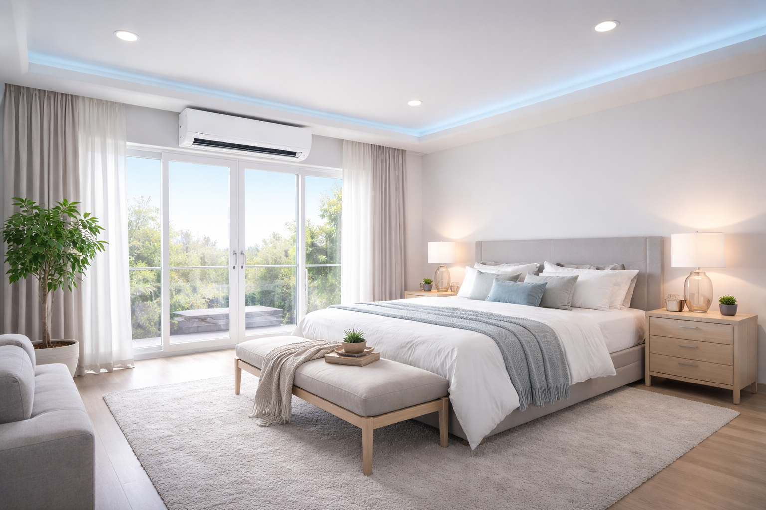 Bright, modern bedroom with large windows, king bed, and soft color palette.