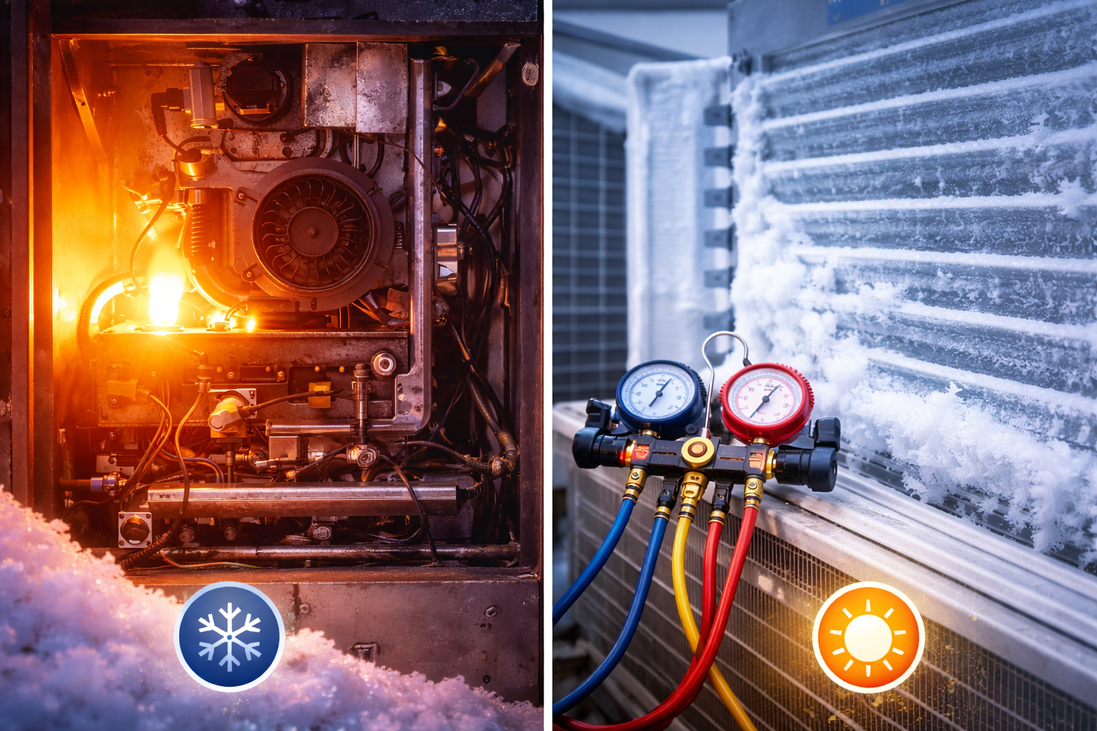 Left: furnace in operation. Right: frozen AC unit with gauges.
