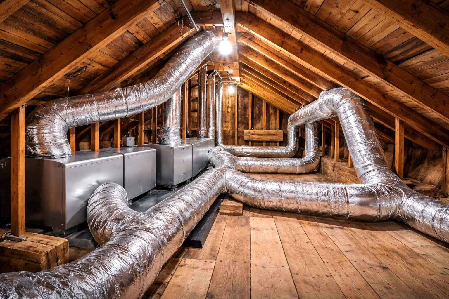HVAC system in attic with silver ductwork snaking through wooden beams.