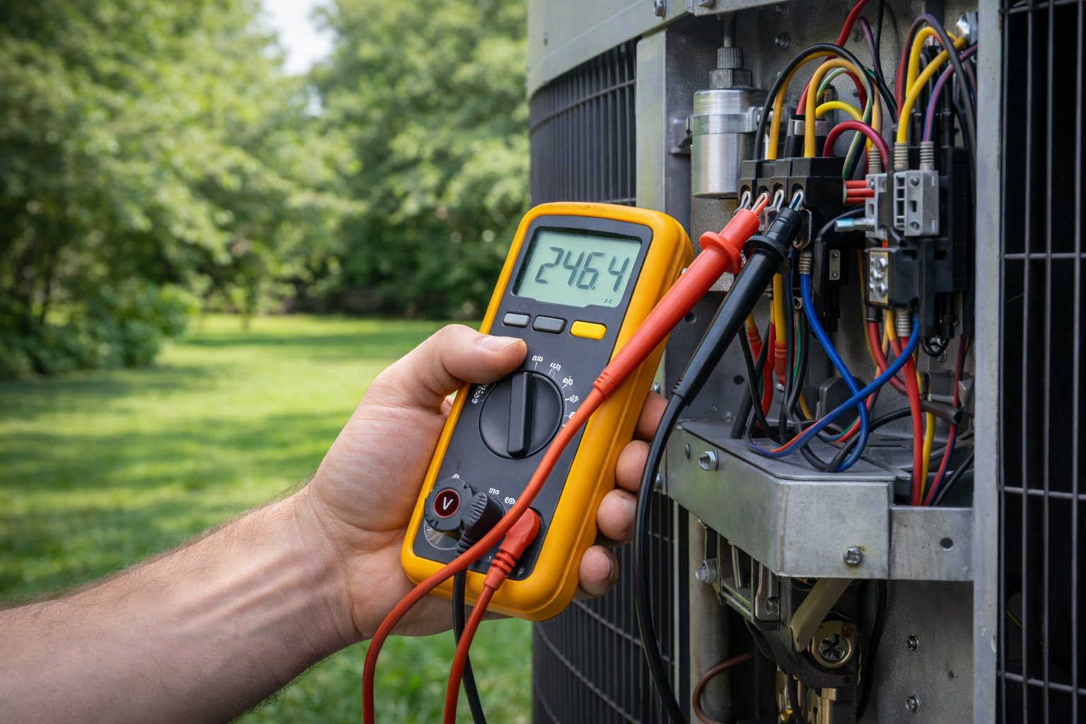 A person uses a multimeter to measure voltage on an outdoor air conditioning unit.