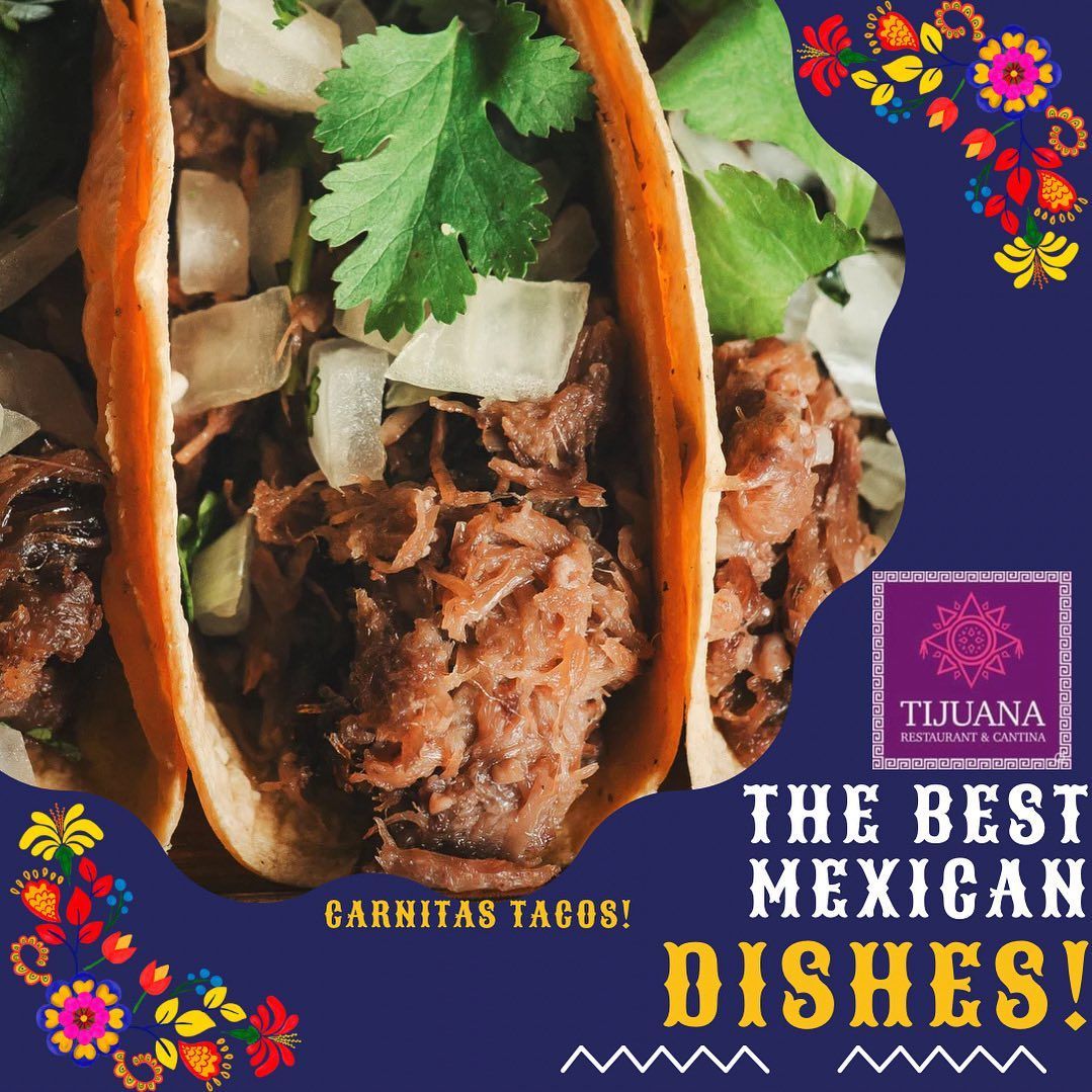 Carnitas tacos with cilantro and onions, advertisement for Tijuana restaurant.