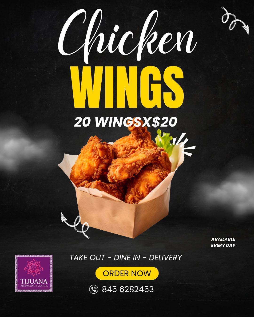 Chicken wings ad: 20 wings for $20. Crispy fried chicken in a takeout box. Black background with white and yellow text.