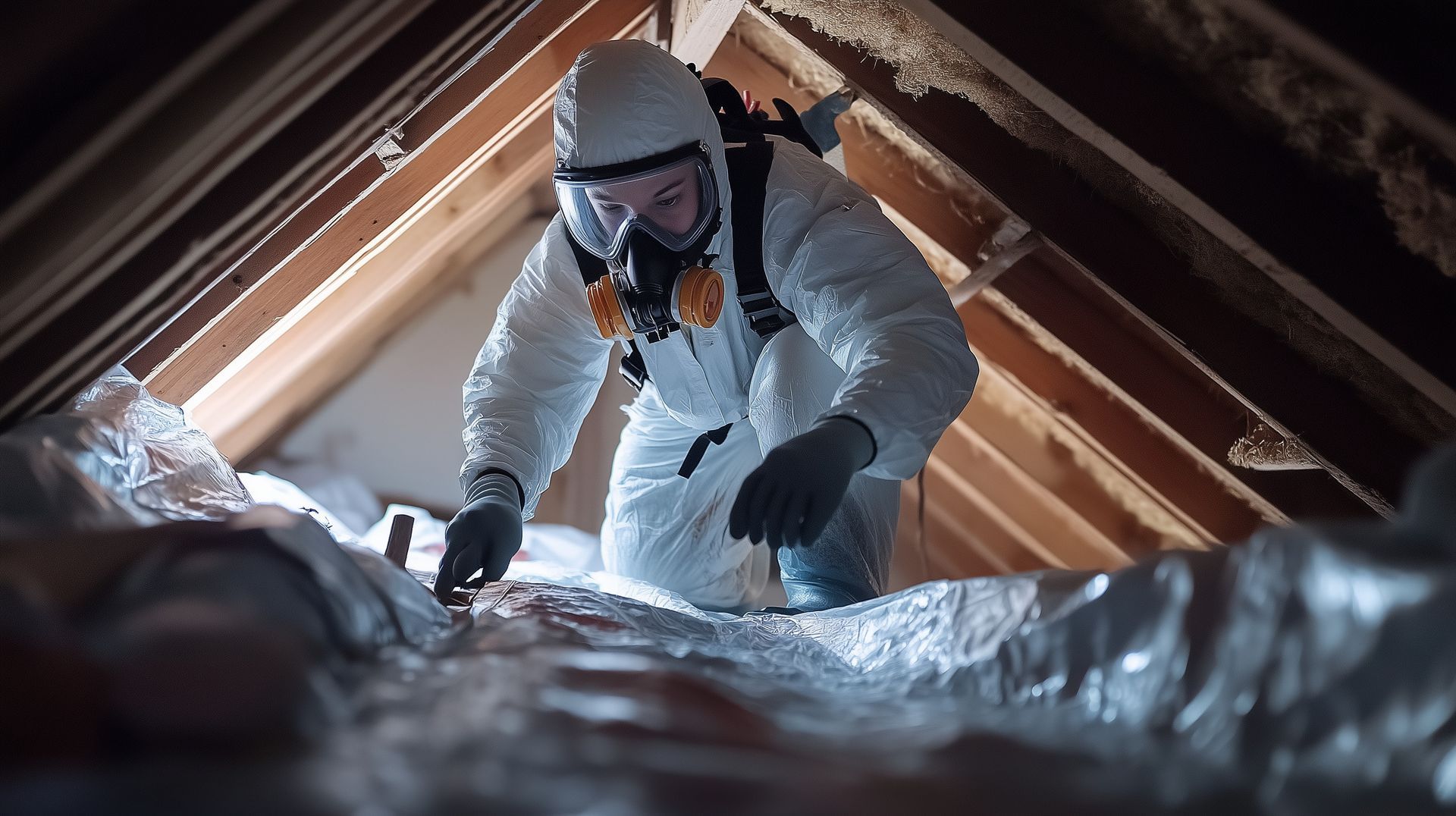 A man in a protective suit is working in an attic.