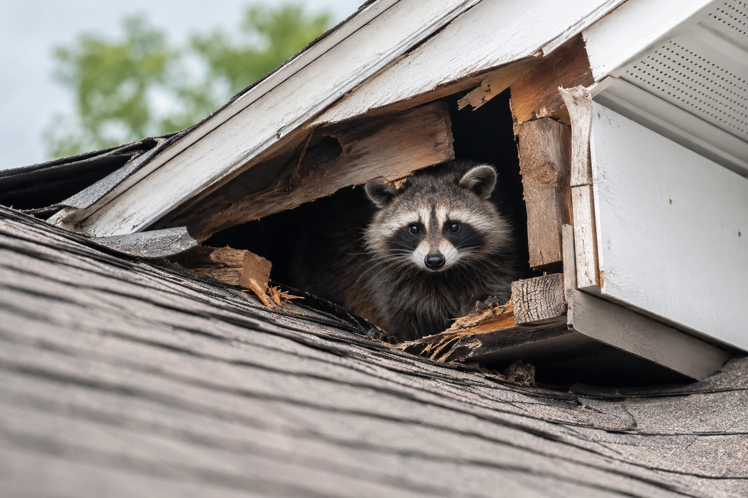 Raccoon peeking from a hole in a damaged roof