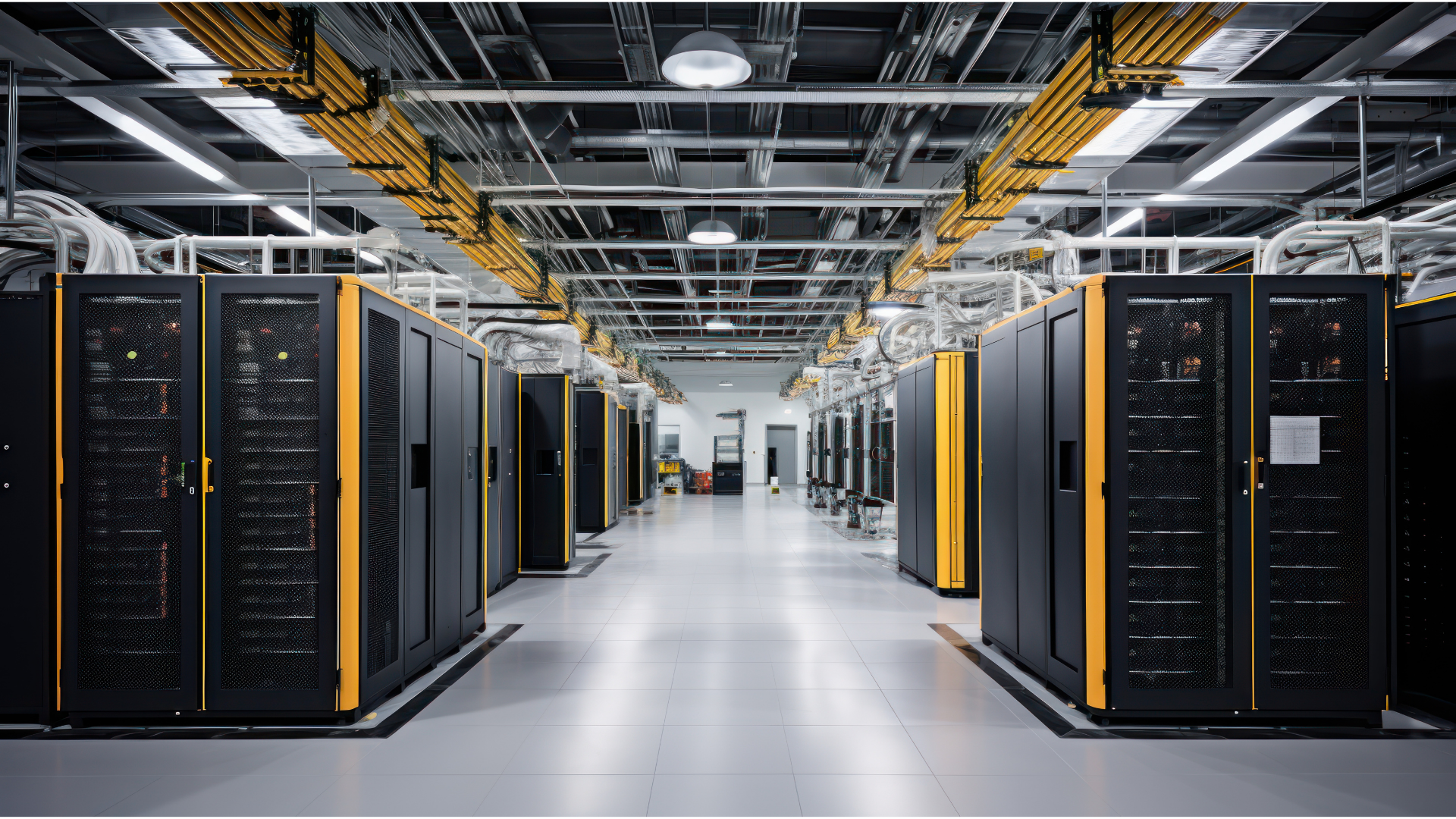 Data center with rows of black server racks, yellow accents, and overhead cable routing.