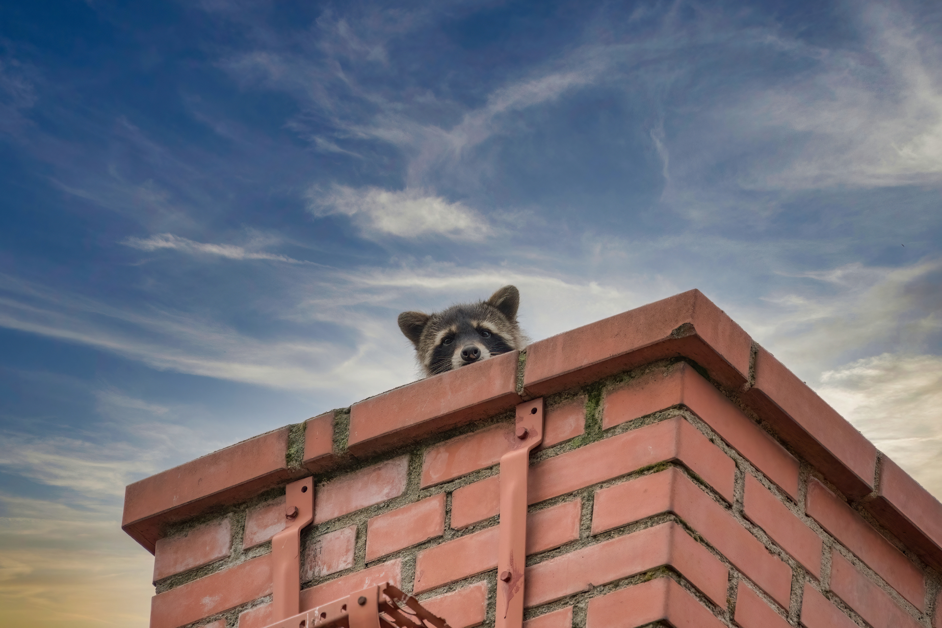 A raccoon is peeking out of a brick chimney.