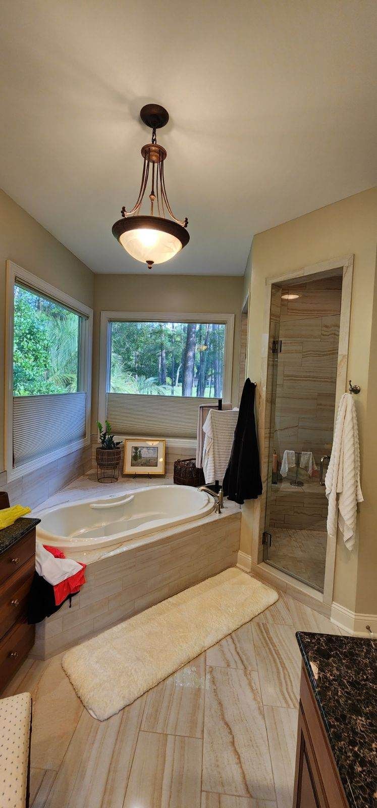 Warm Master Bath with Natural Earth Tone — Hilton Head, SC — Beach House Construction