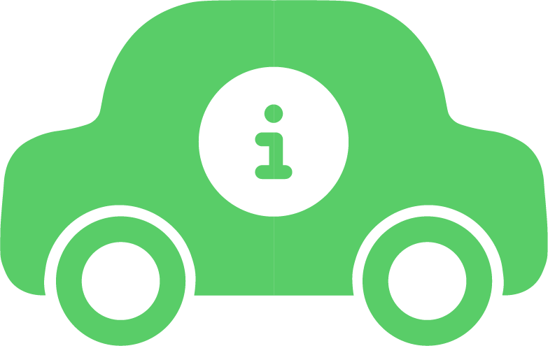 A green car with a white circle with the letter i on it.