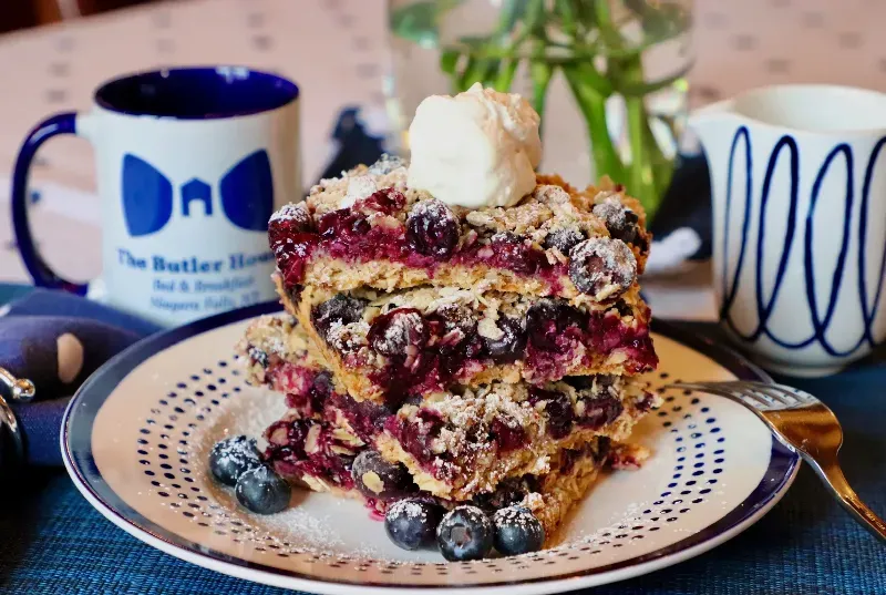 A stack of blueberry bars with whipped cream on top on a plate.