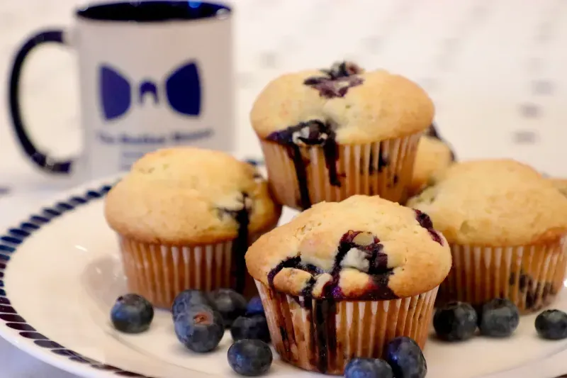 A white plate topped with blueberry muffins and blueberries