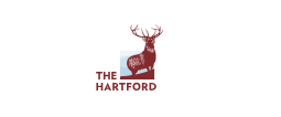 Logo for The Hartford; a brown stag stands in front of a light blue square, with text.