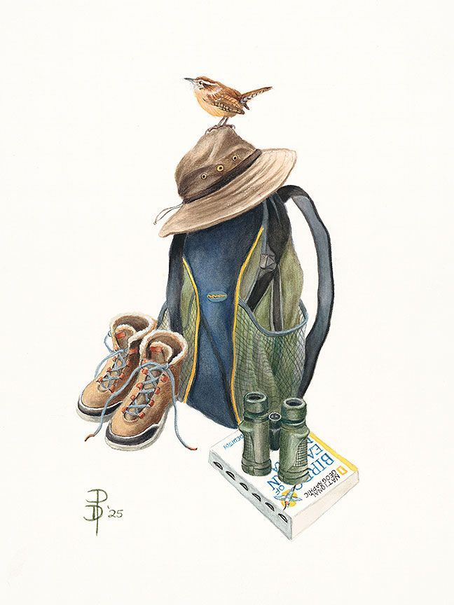 A small bird sits on a hat atop a backpack, with hiking boots, binoculars, and a bird guidebook resting in front.