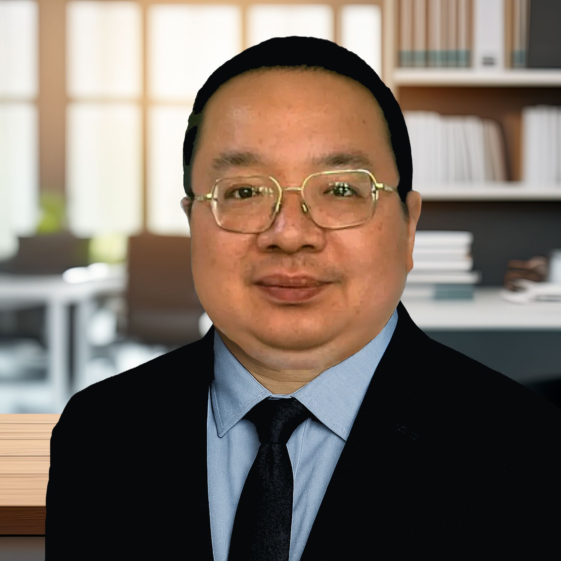 Man wearing glasses, suit, and tie against a dark background, smiling.