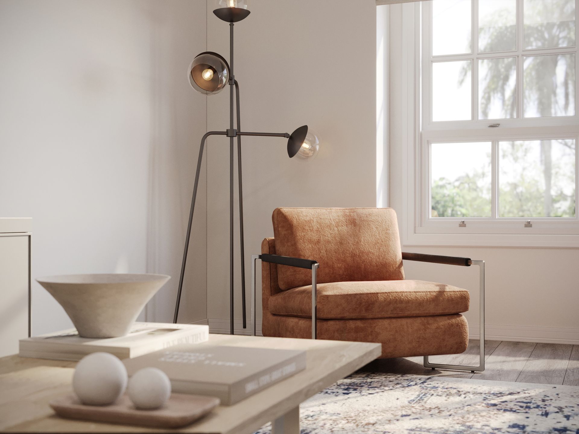 A living room with a chair , coffee table , lamp and window.