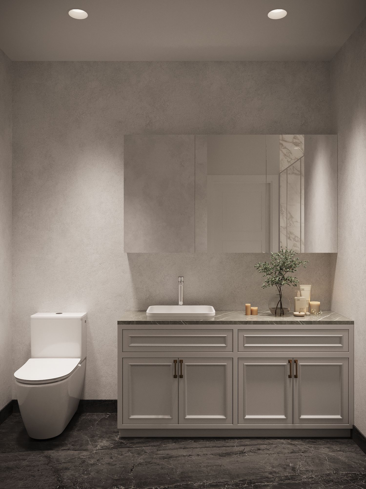 A bathroom with a toilet , sink and mirror.