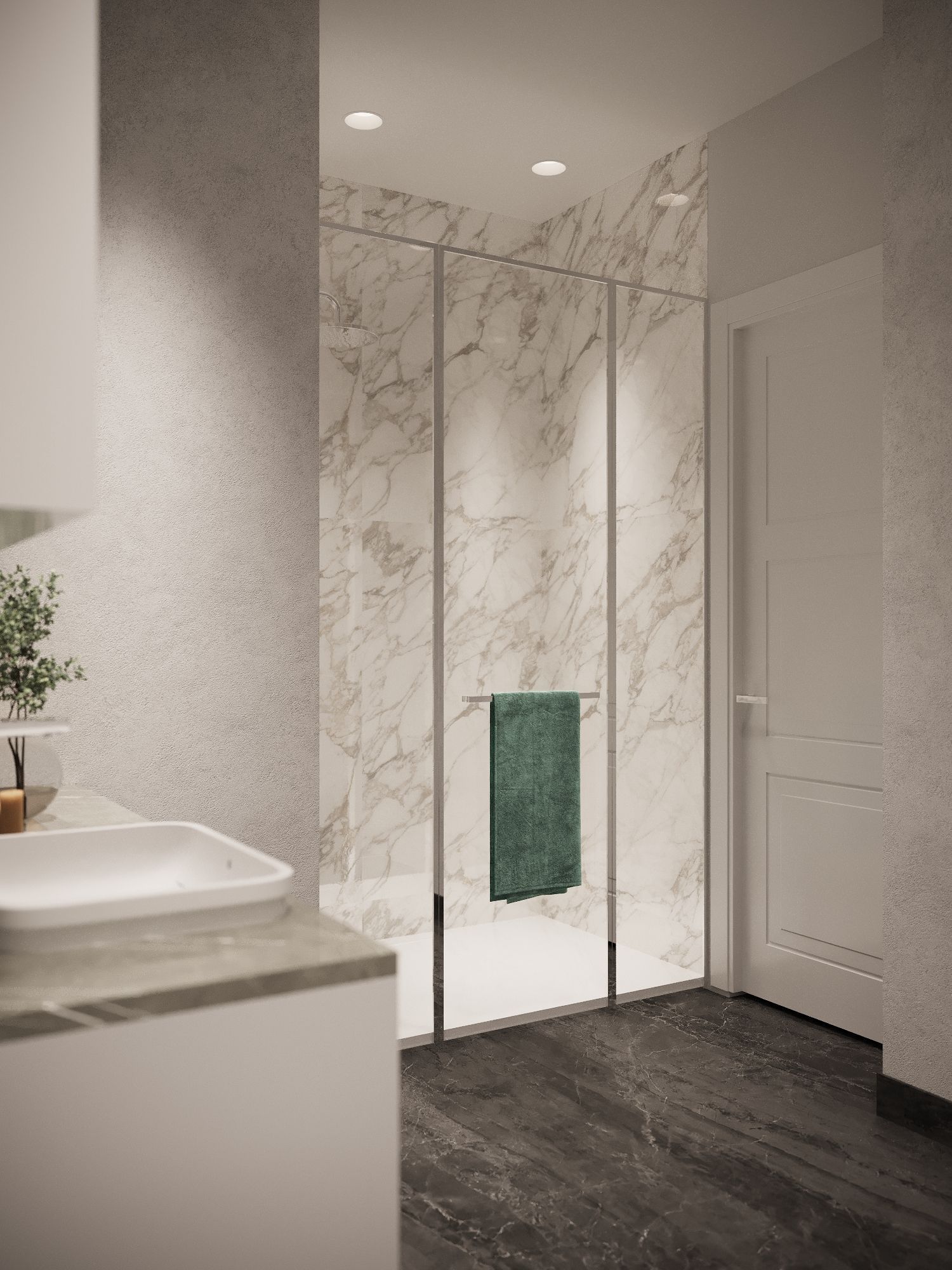 A bathroom with a sink and a walk in shower.