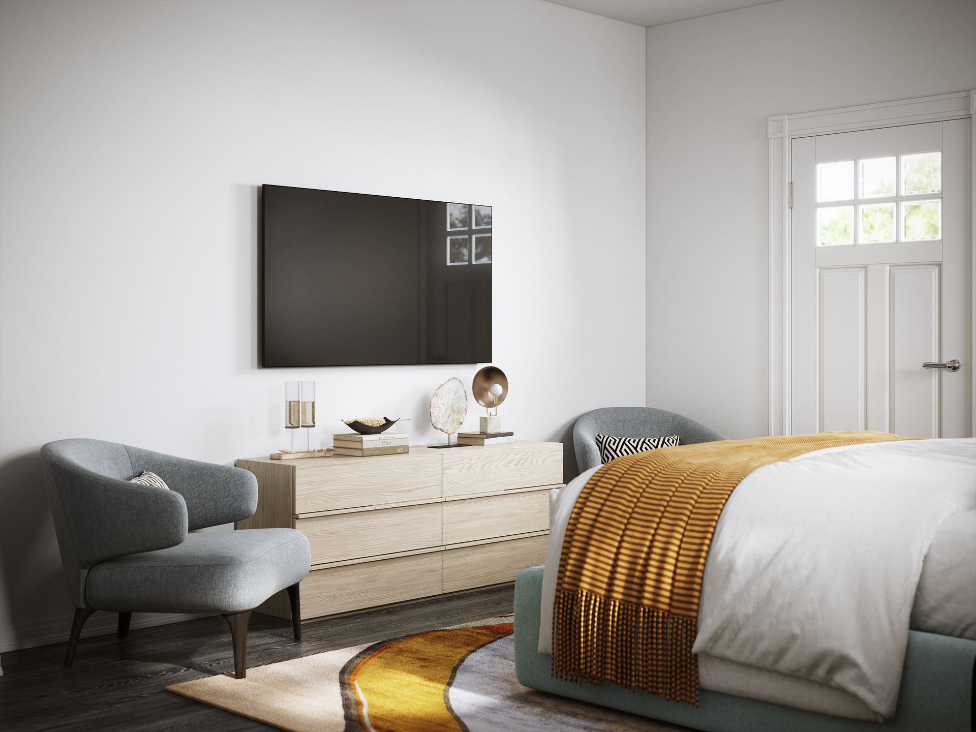 A bedroom with a bed , dresser , chair and television.