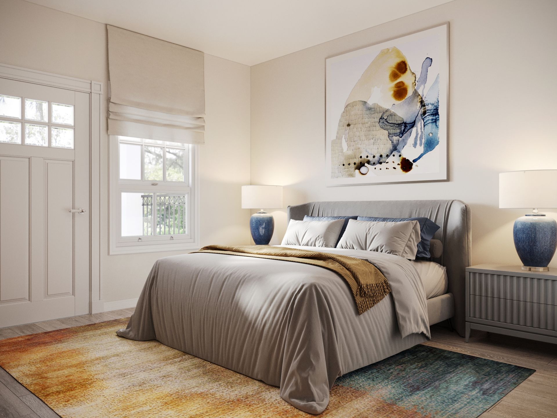 A bedroom with a large bed , lamps , a rug and a painting on the wall.