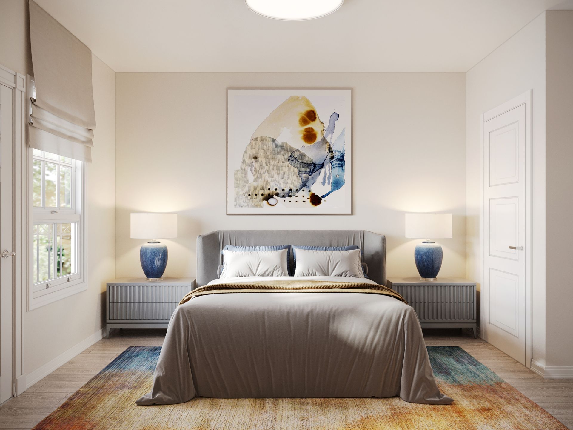 A bedroom with a bed , nightstands , lamps and a painting on the wall.