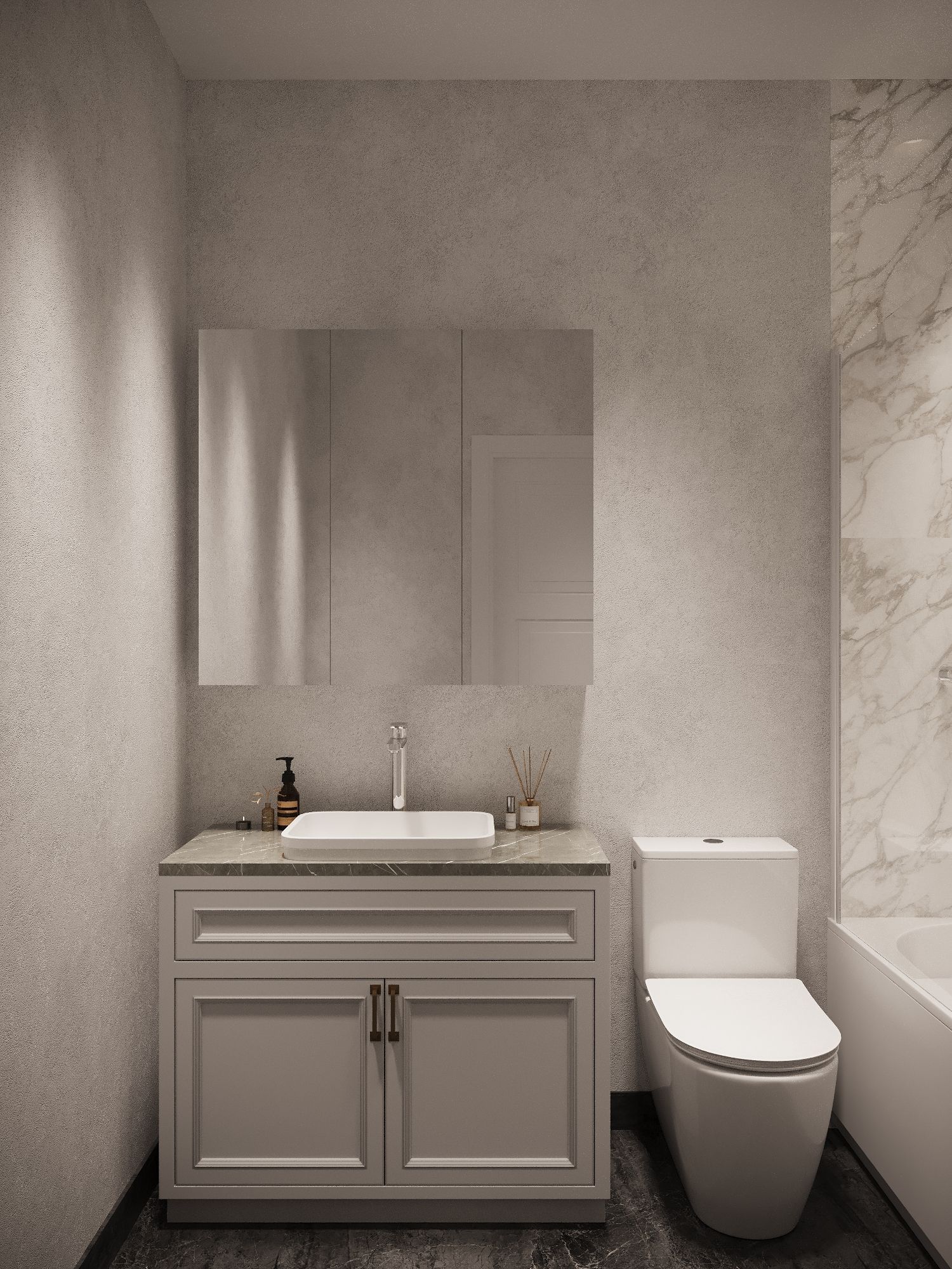 A bathroom with a sink , toilet , mirror and bathtub.