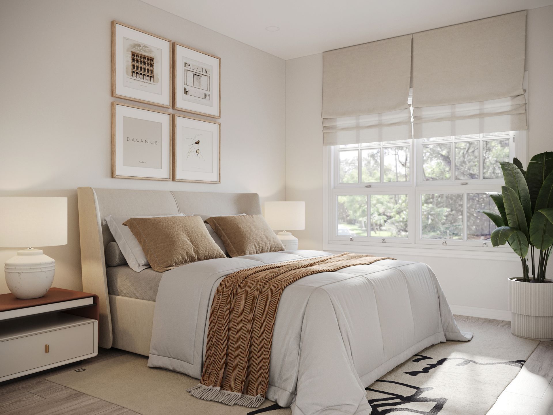 A bedroom with a bed , nightstand , lamps and a window.