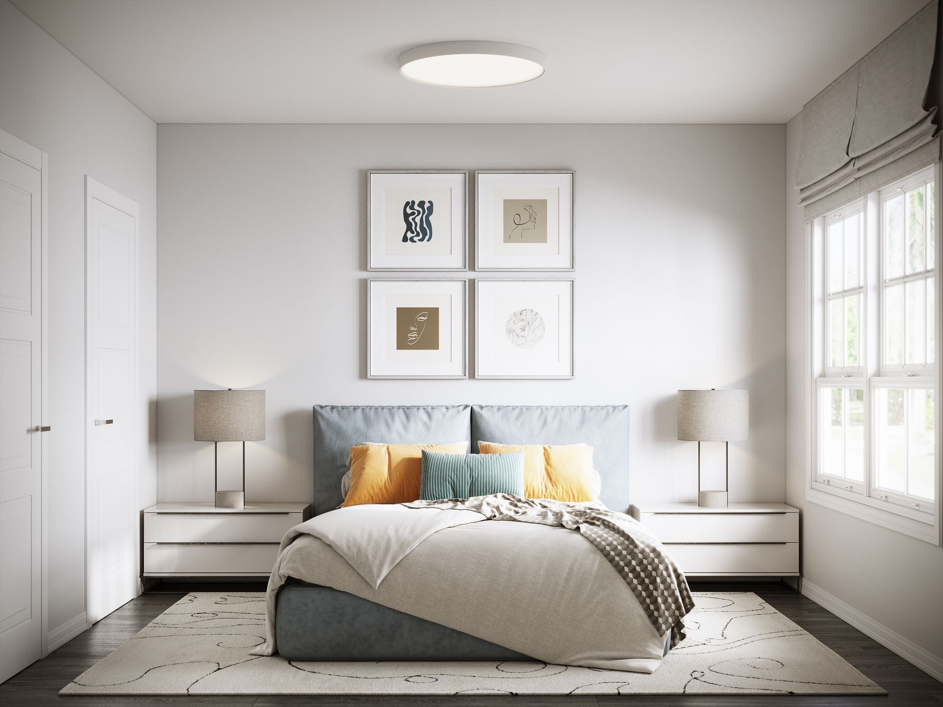 A bedroom with a bed , nightstands , lamps and a window.