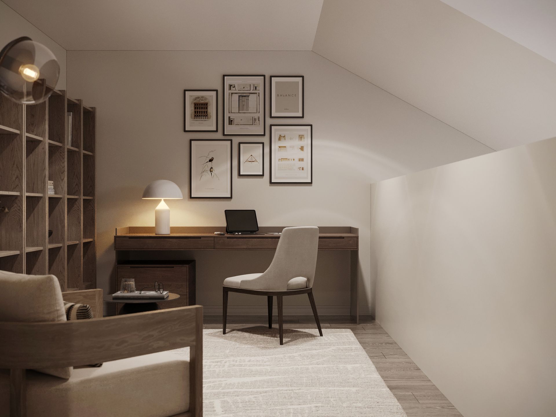 A room with a chair , desk , chair and a lamp.