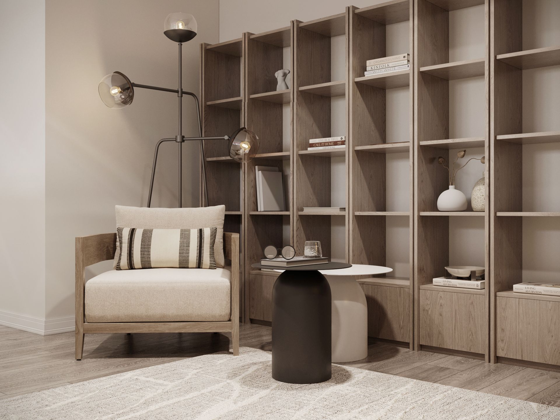 A living room with a chair , table and shelves.