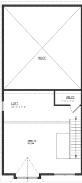 A black and white floor plan of a house with a loft and stairs.