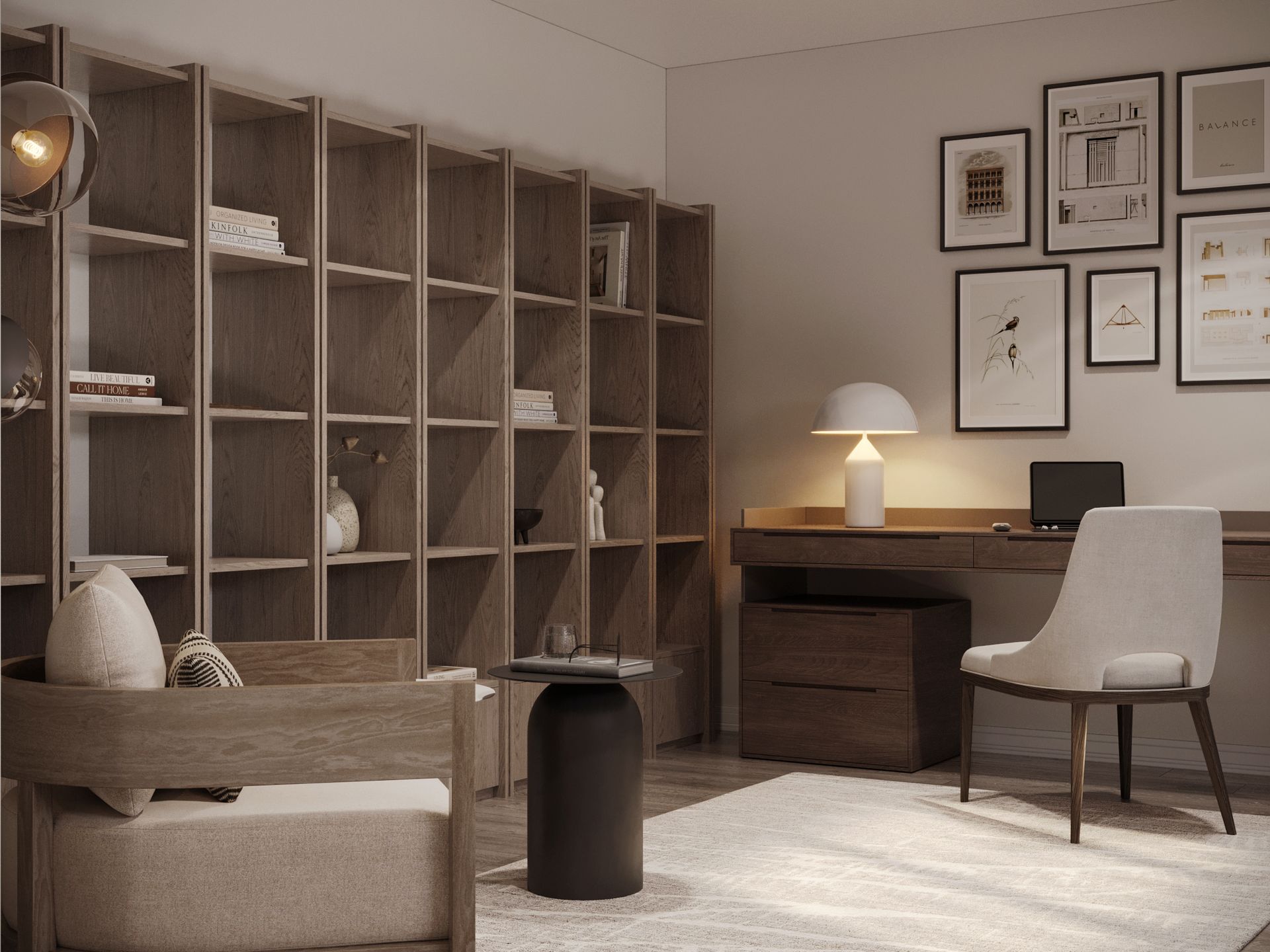 A living room with a desk , chair , table and shelves.