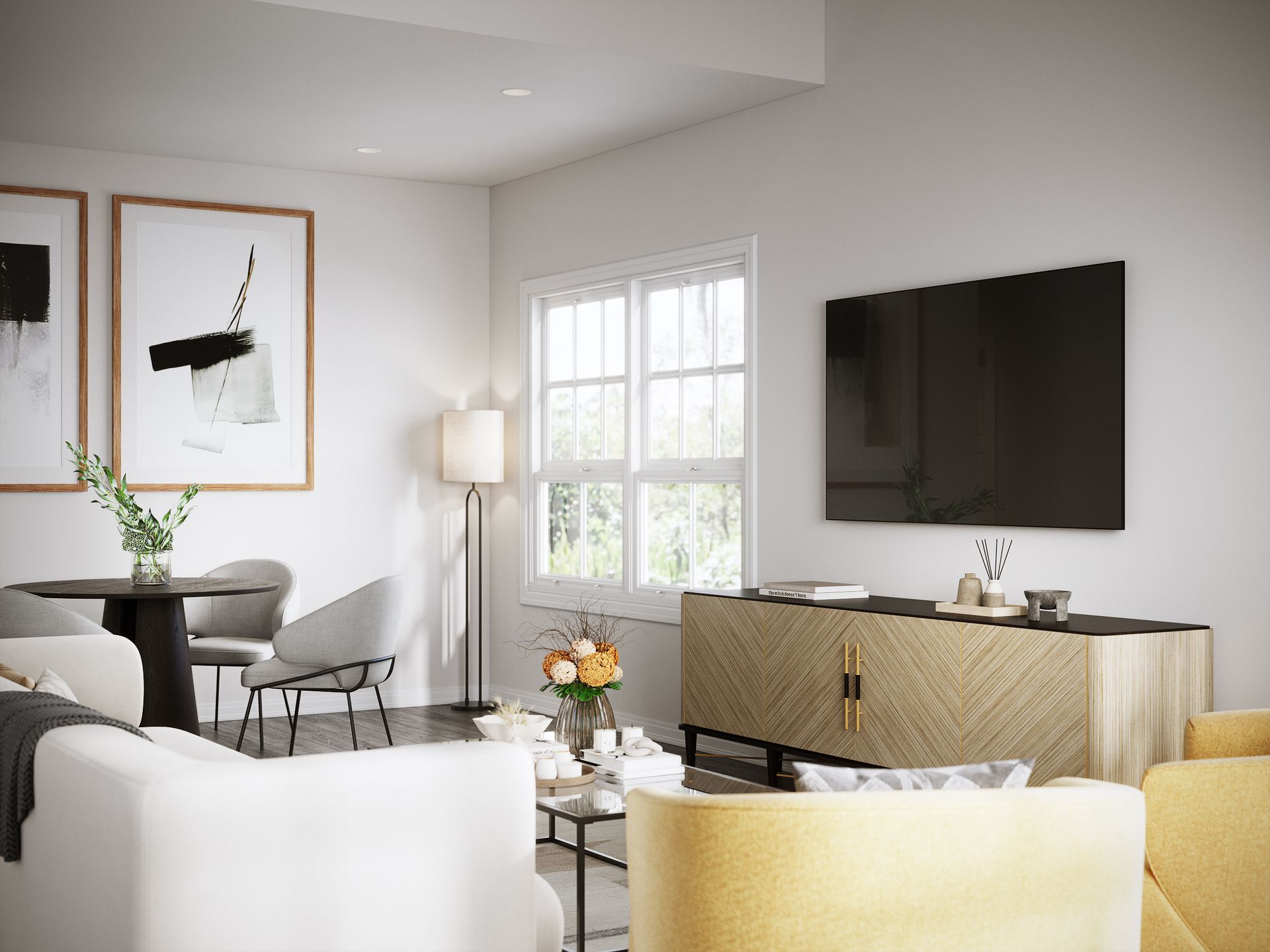A living room with a couch , chair , table and television.
