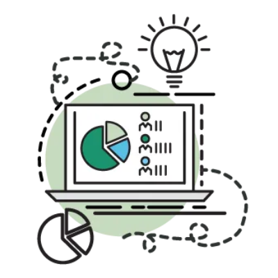 Laptop displaying charts, with lightbulb and dashed lines, suggesting data analysis and ideas.