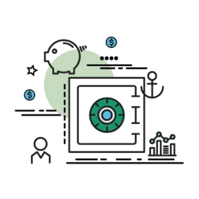 Piggy bank and safe with money and financial data icons.