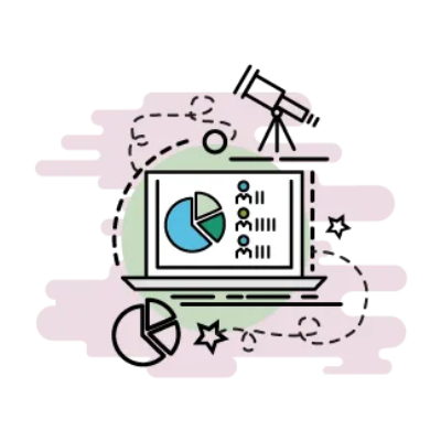 Laptop with pie chart, list, and telescope, surrounded by dashed lines and star shapes, on a pastel background.