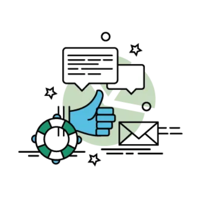 Thumbs-up, speech bubbles, life preserver, and envelope; communication and support concept.