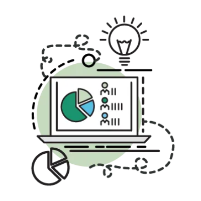 Laptop displaying a pie chart and bar graph, surrounded by a lightbulb and other design elements, suggesting data analysis.