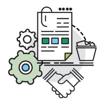 Paper with clip, gears, handshake, and trash bin, indicating business process and agreement.