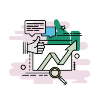 Chart with rising arrow, thumbs up, speech bubbles, magnifying glass; feedback and growth.