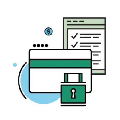 Credit card with padlock and online checklist, depicting secure financial transactions.
