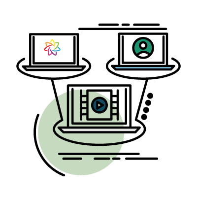 Three connected laptops, one displays a video, another a user icon, and the last a Pinwheel logo.