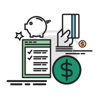 Piggy bank, credit card, dollar sign, checklist, and coin illustration.