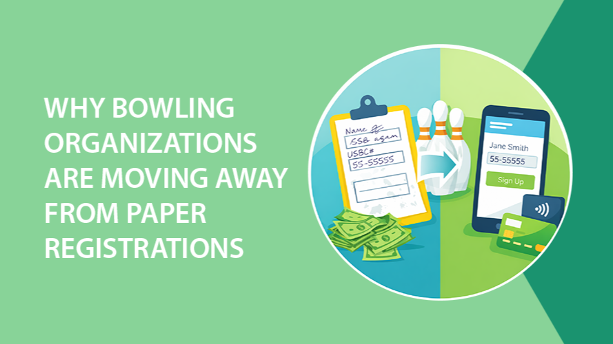 Graphic: Bowling theme, contrasting paper registration with online registration, green and blue colors.