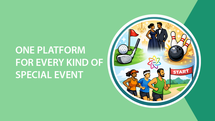 One platform text with event icons: golf, gala, bowling, and a team running.