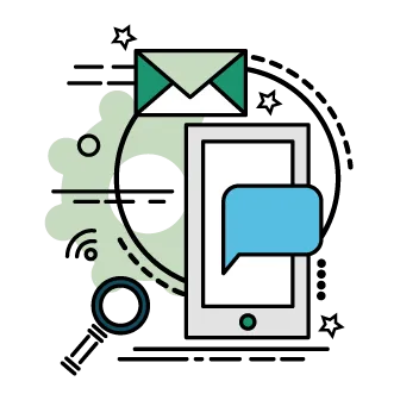 Smartphone with message bubble, email envelope, magnifying glass, and decorative lines.