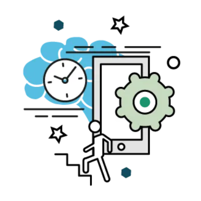 Person climbing stairs toward a phone with a gear icon; clock, clouds, and stars surround.