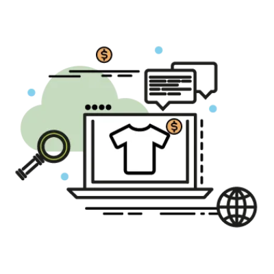 Laptop displaying a t-shirt, with speech bubbles, coins, magnifying glass, and globe.