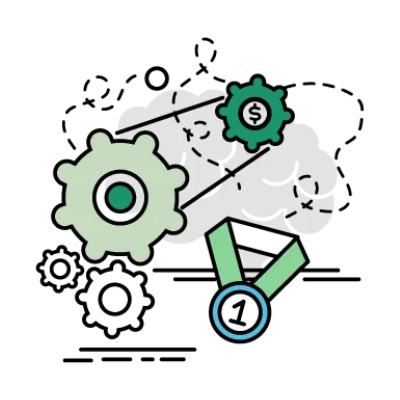 Gears and a medal symbolizing process, success, and financial reward.