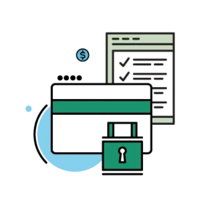 Credit card with lock, checklist, and dollar sign, suggesting secure online transactions.